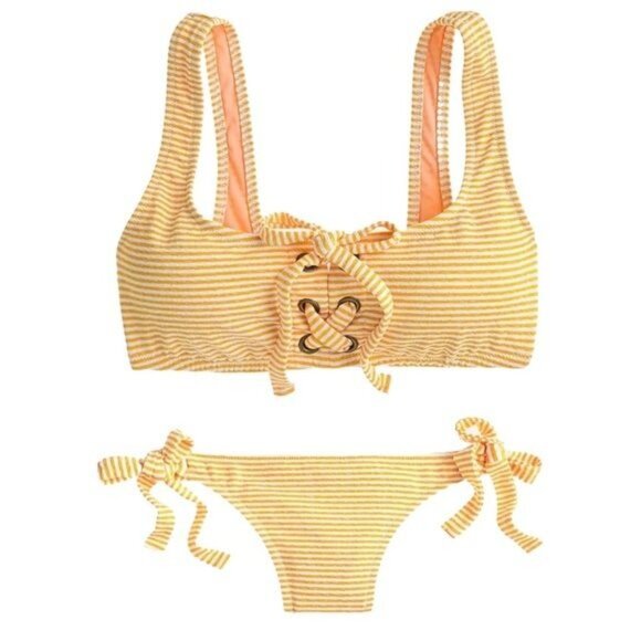 J. Crew Bikini Lace Up Side Tie Lowrider Bikini in Faded Stripe Size XL NWT